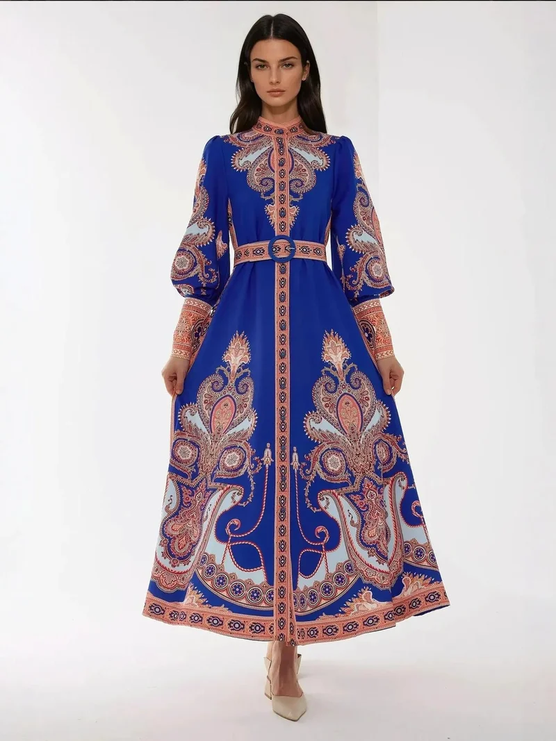 HICCUP Printed Long Sleeve Maxi Dress with Belt