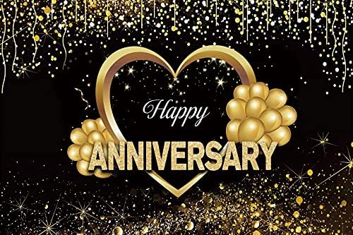 Laeacco لاياكو خلفية ذكرى سعيدة 10x8 قدم موضوع أسود وذهبي لحفلات التصوير خلفية بالون قلب لامع ذهبي زينة حفلة ذكرى الزواج لافتة للأزواج تصوير استوديو - Image 2