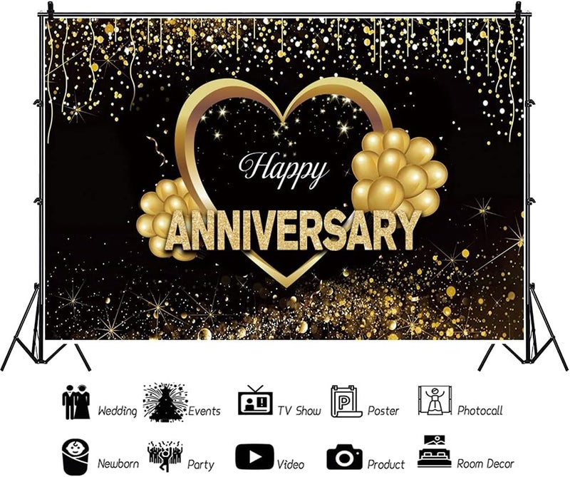 Laeacco لاياكو خلفية ذكرى سعيدة 10x8 قدم موضوع أسود وذهبي لحفلات التصوير خلفية بالون قلب لامع ذهبي زينة حفلة ذكرى الزواج لافتة للأزواج تصوير استوديو - Image 4
