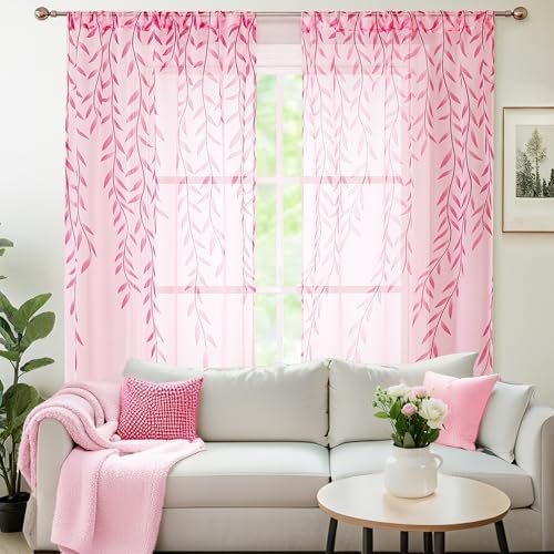 BROSHAN Pink Sheer Curtains 78 inches Long 2 Panels Set- Girls Bedroom Curtains Pretty Printed Curtain Sheers See Through Curtain Drapes for Living Room Nursery Kids Room, Rod Pocket Design - Image 2