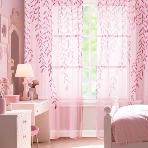 BROSHAN Pink Sheer Curtains 78 inches Long 2 Panels Set- Girls Bedroom Curtains Pretty Printed Curtain Sheers See Through Curtain Drapes for Living Room Nursery Kids Room, Rod Pocket Design - Image 3