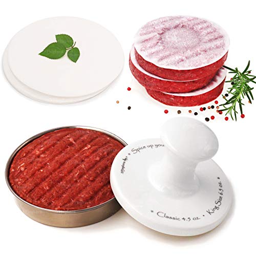 Meykers Burger Press 5" Hamburger Press Patty Maker | Patty Press Burger Mold Ring | with 100 Patty Papers | Porcelain Smasher Stainless Steel Shaper Smash for Meat Beyond Veggie Turkey Vegan Beef - Image 1