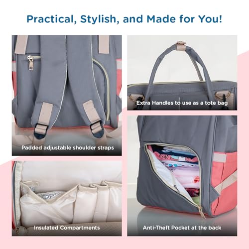 Mee Mee Grace Tote Diaper Bag Backpack for Moms & Dads, 20L Large Capacity with 14 Pockets, Insulated Bottle Holders, Flap Tissue Dispenser, Water-Resistant Oxford Fabric (Pink) - Image 3