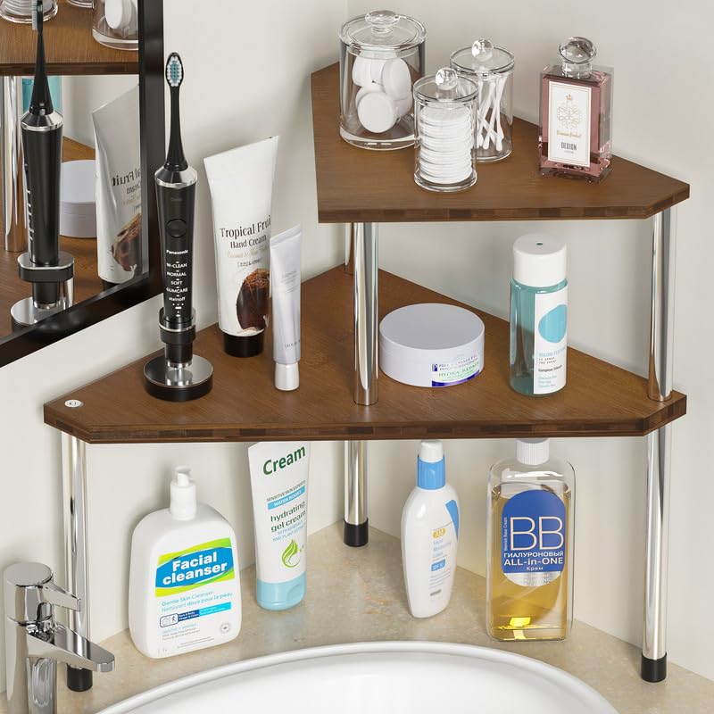 Weenson Bathroom Organizer Countertop, Bathroom Sink Organizer for Toiletries, Makeup, Skincare, Bamboo 2 Tier Corner Bathroom Counter Organizer, Kitchen Countertop Organizer for Spice Rack (Brwon) - Image 1