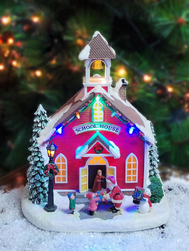 Moments In Time MOMENTS IN TIME 114 H Polyresin Christmas Village LED Lighted School LED Lights 8 Classic Carols Christmas Music Adapter or Battery Operated 