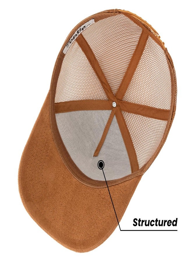 TopTie Suede Mesh Baseball Cap, Breathable Snapback Trucker Cap, 5-Panel Unisex Adjustable Sports Hat for Outdoor - Brown - Image 5