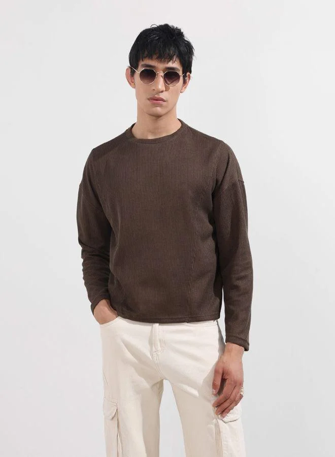 شركة المرآب الهندية Men Boxy Fit Textured Crew Neck Full Sleeves T-Shirt
