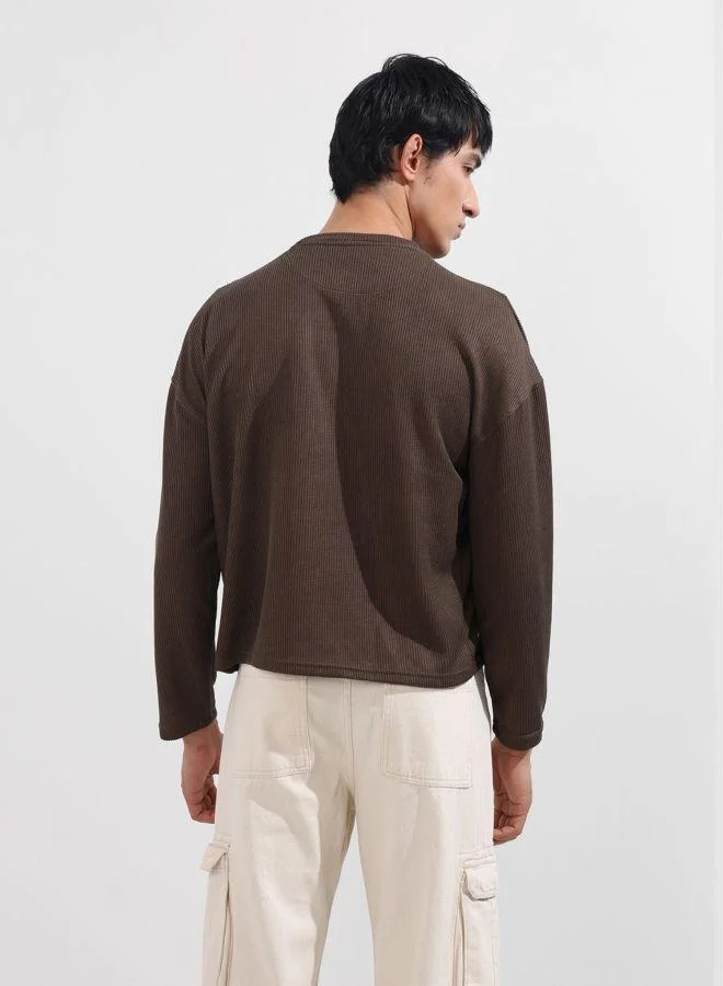 The Indian Garage Co Men Boxy Fit Textured Crew Neck Full Sleeves T-Shirt