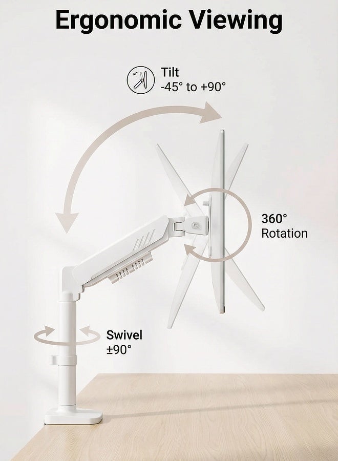 Flushrenic Desktop single arm stand | 13-34 inch screen | VESA 75x75/100x100mm | -45 ° to 90 ° tilt&± 90 ° rotation&360 ° rotation | Space saving design | White - Image 3