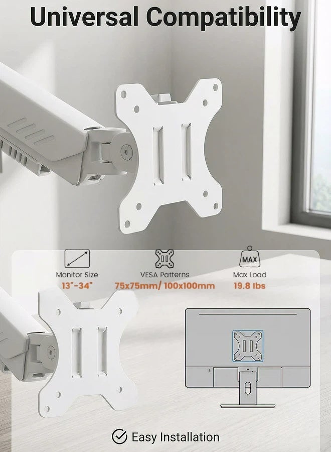 Flushrenic Desktop single arm stand | 13-34 inch screen | VESA 75x75/100x100mm | -45 ° to 90 ° tilt&± 90 ° rotation&360 ° rotation | Space saving design | White - Image 2