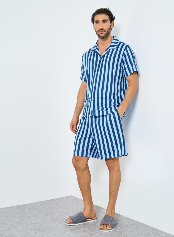 Styli Navy Blue Striped Short Sleeve Shirt and Shorts Set - Image 1