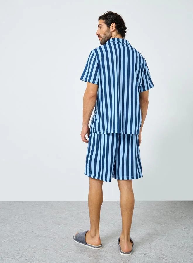 Styli Navy Blue Striped Short Sleeve Shirt and Shorts Set