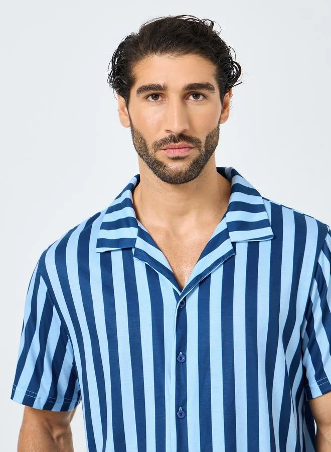 Styli Navy Blue Striped Short Sleeve Shirt and Shorts Set