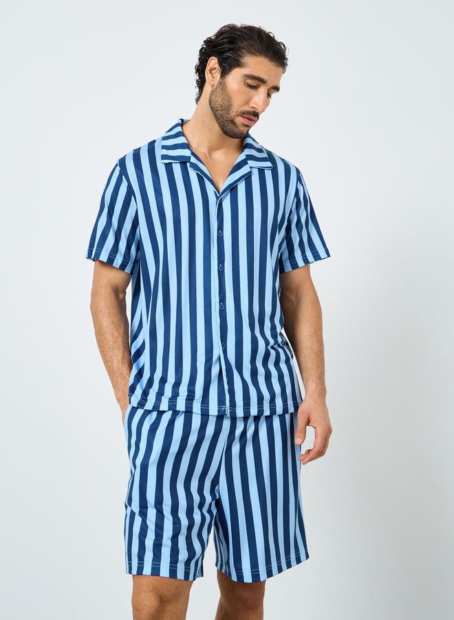 Styli Navy Blue Striped Short Sleeve Shirt and Shorts Set - Image 2