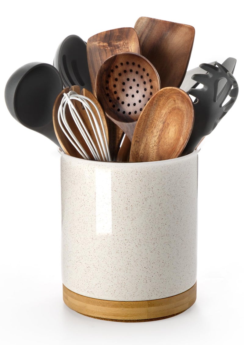 Nucookery 360Rotating Utensil Holder 72 Large Utensil Crock Ceramic Cooking Utensil Organizer with CountertopProtection Cork Bottom for Farmhouse Kitchen Decor Christmas Thanksgiving Gift Sand