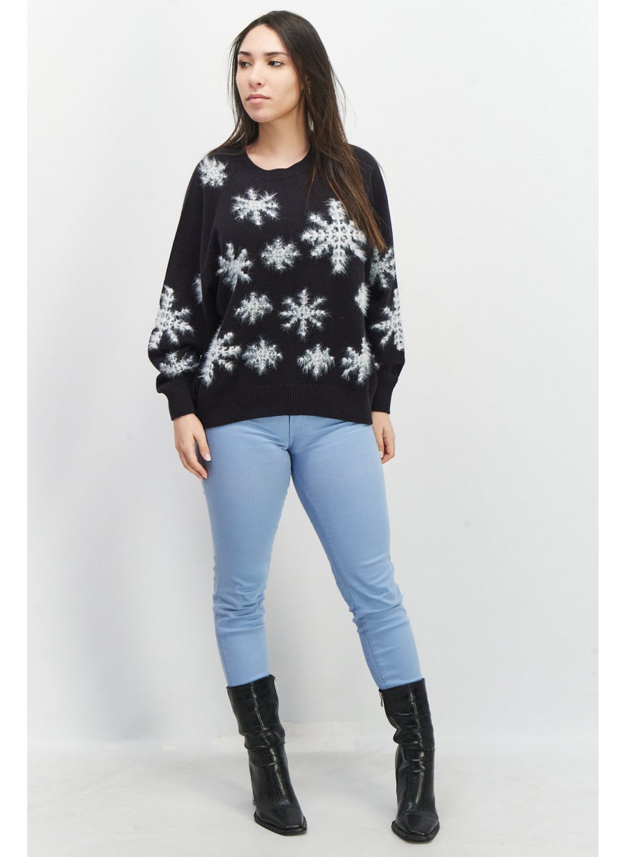 EDC Women Crew Neck Textured Sweater, Black  - Image 2