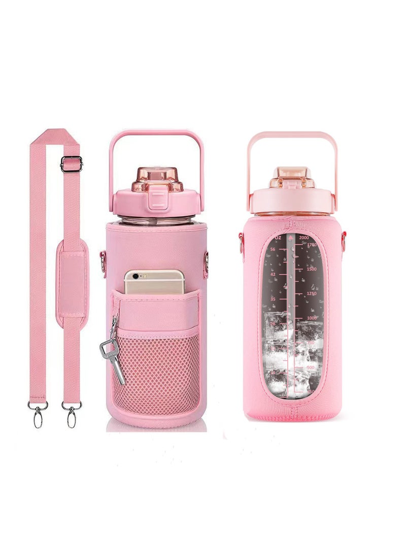KASTWAVE Inspirational Water Bottle with Straw & Time Marker to Drink, Leakproof BPA Free Sport Water Jug, 2000ML Half Gallon Water Bottle with Sleeve for Daily Workout Gym Sport, Pink - Image 1