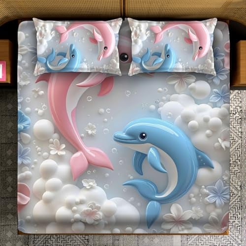 BhaiJi BedSheet 300 TC King Size Glace Cotton Double Bed HD Digital Printed Bed Sheets for Double Bed with 2 Pillow Covers || Large 108x108 Inch Without Joints - Dolphins - Image 1