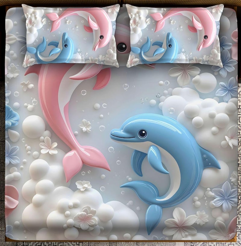 BhaiJi BedSheet 300 TC King Size Glace Cotton Double Bed HD Digital Printed Bed Sheets for Double Bed with 2 Pillow Covers || Large 108x108 Inch Without Joints - Dolphins - Image 4