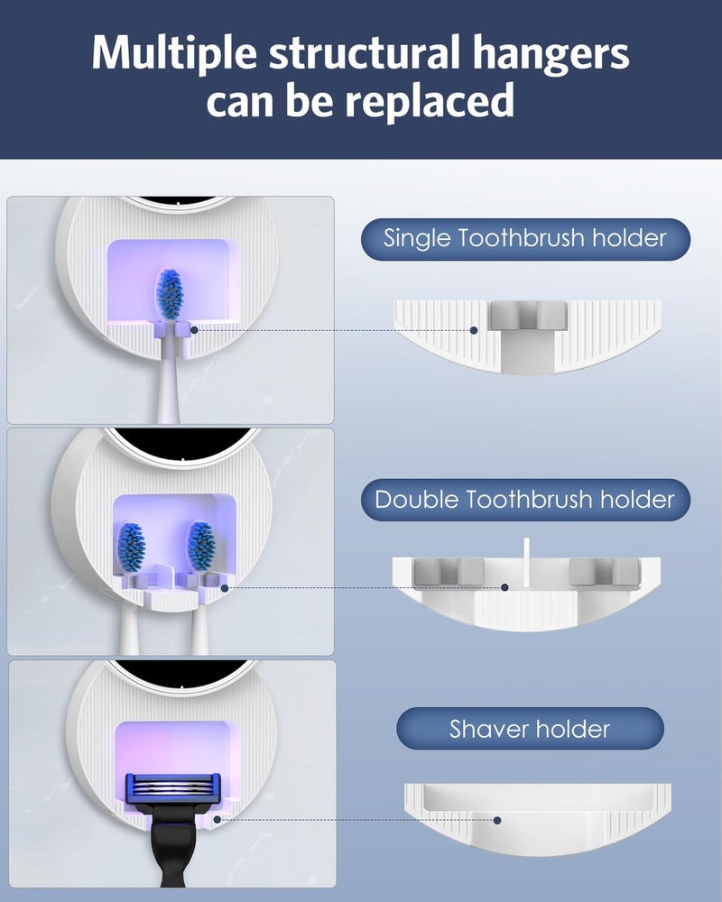 حامل فرشاة أسنان معقم بالأشعة فوق البنفسجية، شاشة ذكية LED من Temracha، تنظيف وتجفيف بزاوية 60 درجة، غطاء دوار آلي، قابل للشحن، مثبت على الحائط، منظم فرشاة أسنان للحمامات - Image 5