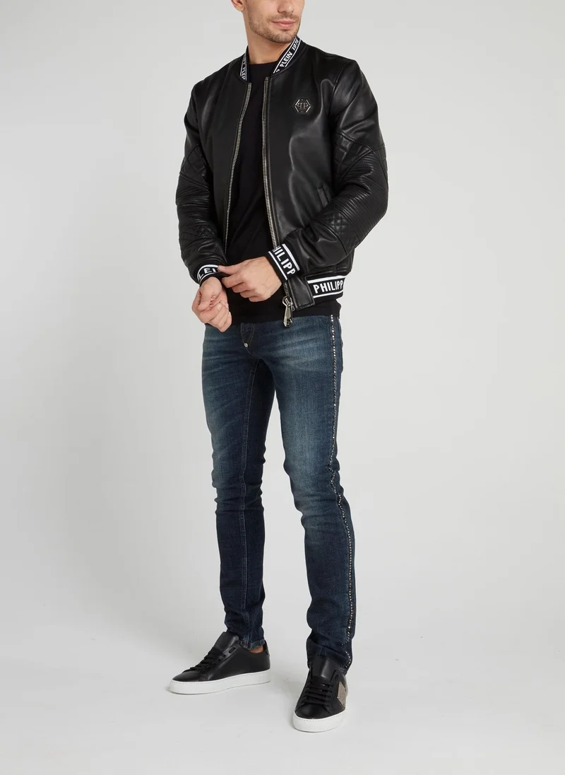 PHILIPP PLEIN Black Logo Edge Leather Bomber Jacket