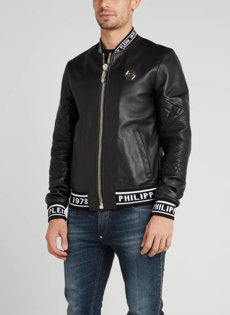 PHILIPP PLEIN Black Logo Edge Leather Bomber Jacket