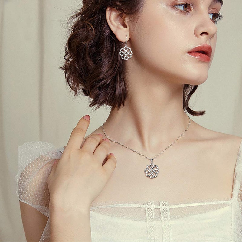 BriLove 925 Sterling Silver Endless Love Vintage Irish Celtic Knot Hook Earrings Pendant Necklace Jewelery Set for Womens - Image 2