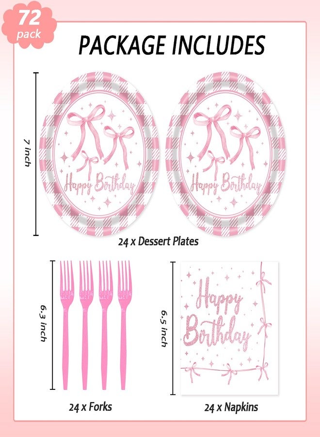 LYFREE 72Pcs Pink Bow Plates and Napkins, Coquette Birthday Party Supplies Pink Bow Paper Plates and Napkins Forks Tableware Decorations for 24 Guests - Image 2