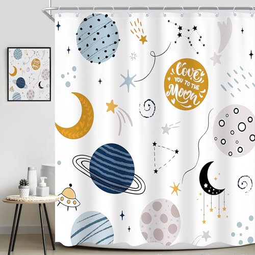 Ufeela Kids Boys Shower Curtain - Cartoon Planet Cute Universe Galaxy Space Moon Kid Shower Bathroom Set Baby Print Cosmos for Boys Girls Kids Bath Curtain Accessories Decor 60Wx72L - Image 1