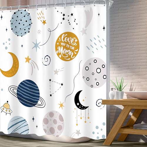 Ufeela Kids Boys Shower Curtain - Cartoon Planet Cute Universe Galaxy Space Moon Kid Shower Bathroom Set Baby Print Cosmos for Boys Girls Kids Bath Curtain Accessories Decor 60Wx72L - Image 2