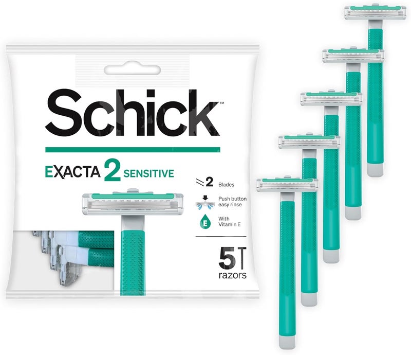 schick شيفك إكزاكتا2 شفرات حلاقة حساسة مزدوجة الاستخدام للرجال - 5 قطع مع فيتامين E و الألوة فيرا - Image 1