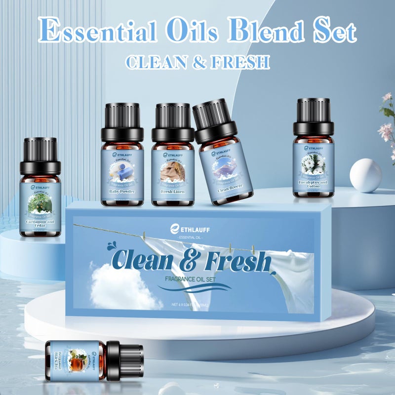 Ethlauff Clean Essential Oils Set, Laundry Collection Essential Oils Set, Pack of 6 Fragrance Oil for Diffuser for Home, Use with Wool Dryer Balls Scents - Fresh Linen, Clean Breeze, Eucalyptus and Cotton - Image 2