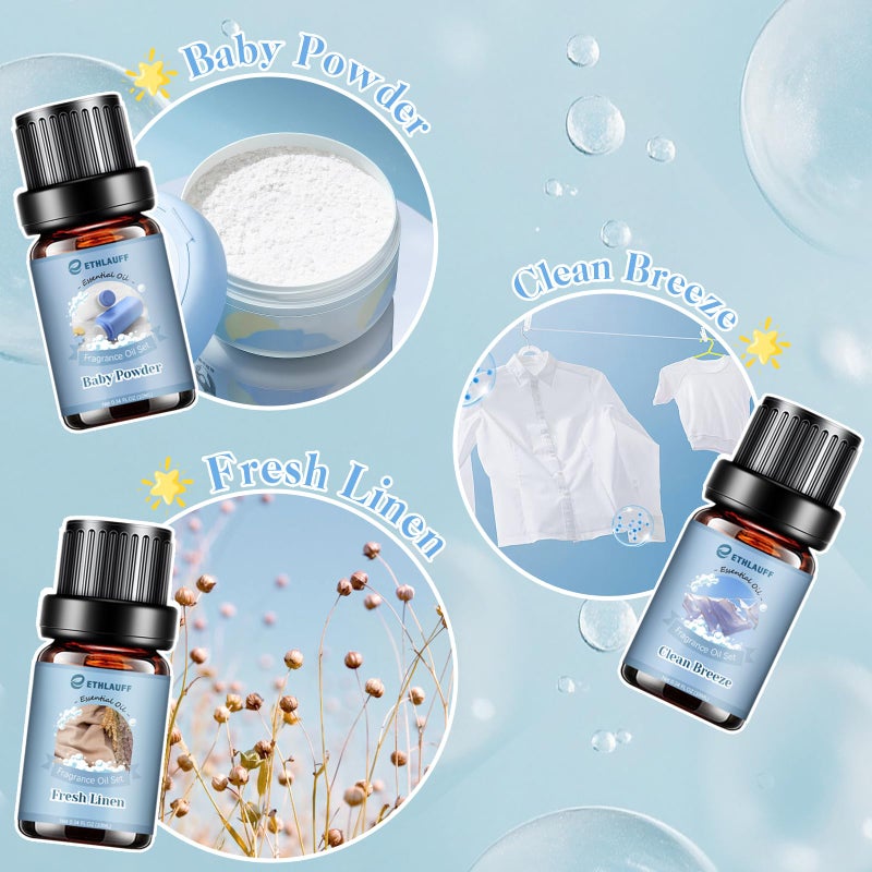 Ethlauff Clean Essential Oils Set, Laundry Collection Essential Oils Set, Pack of 6 Fragrance Oil for Diffuser for Home, Use with Wool Dryer Balls Scents - Fresh Linen, Clean Breeze, Eucalyptus and Cotton - Image 5