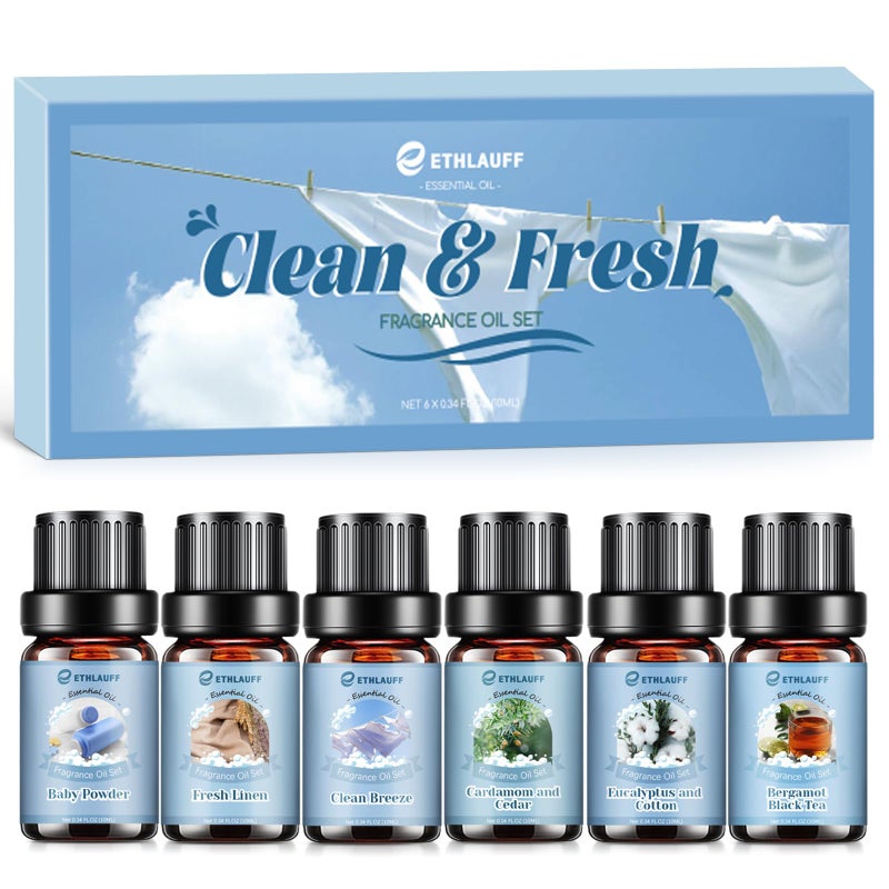 Ethlauff Clean Essential Oils Set, Laundry Collection Essential Oils Set, Pack of 6 Fragrance Oil for Diffuser for Home, Use with Wool Dryer Balls Scents - Fresh Linen, Clean Breeze, Eucalyptus and Cotton - Image 1