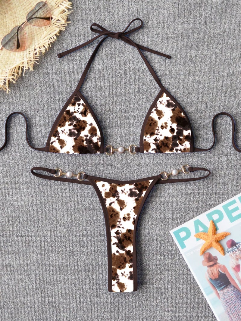 TASHEHE Women's Triangle Thong Bikini Set Sexy String Brazillian Two Piece Swimsuit Cute Bikini Bathing Suit - Cow Tie-Dye - Small - Image 5