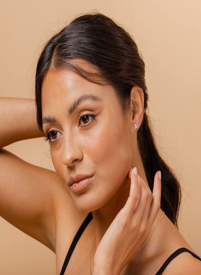 بافوا أقراط بافوي مطلية بالذهب الوردي عيار 14 قيراطًا ومرصعة بالزركونيا المكعبة من الفضة الإسترليني عيار 925 | أقراط حرفية للنساء | حرف أ - Image 4