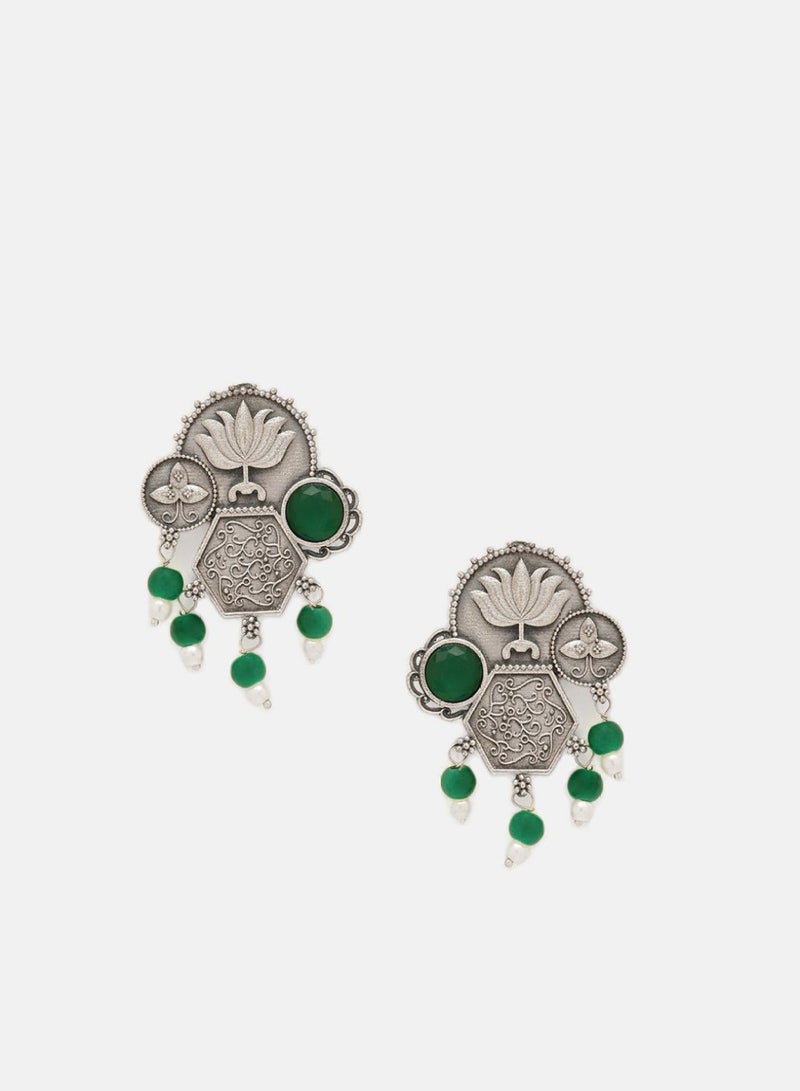 Priyaasi Plated Emerald Stone Studded  Beaded Oxidized Lotus Desgin Drop Earrings - Image 2