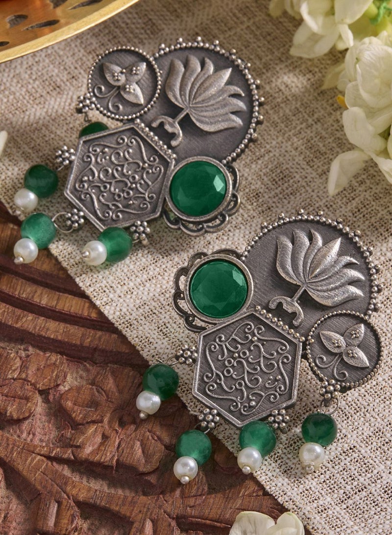 Priyaasi Plated Emerald Stone Studded  Beaded Oxidized Lotus Desgin Drop Earrings - Image 1