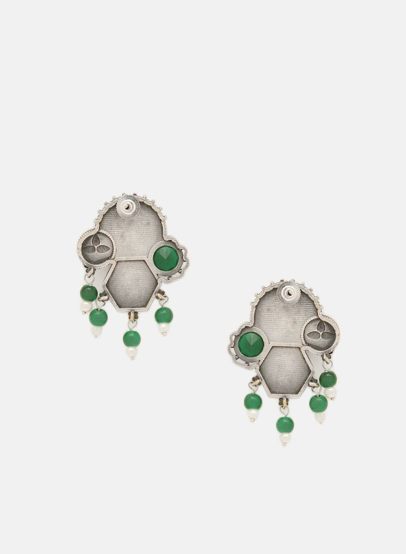 Priyaasi Plated Emerald Stone Studded  Beaded Oxidized Lotus Desgin Drop Earrings - Image 3