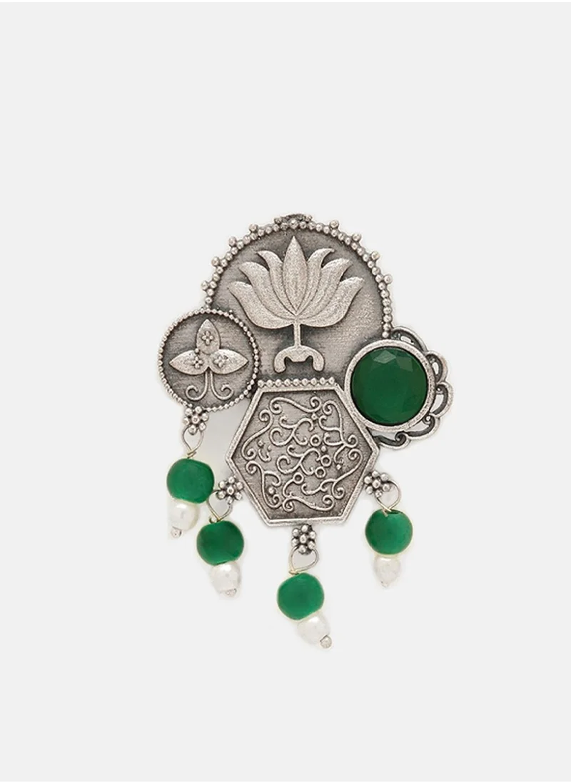Priyaasi Plated Emerald Stone Studded  Beaded Oxidized Lotus Desgin Drop Earrings