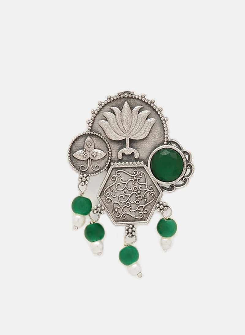Priyaasi Plated Emerald Stone Studded  Beaded Oxidized Lotus Desgin Drop Earrings - Image 4