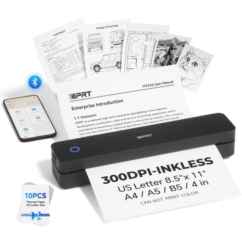 iDPRT Portable Printer Wireless for Travel Bluetooth Mobile Printer Support for 85x11 US Letter Inkless Compatible with iOS Android Laptop for Office Car and Home 300DPI Black - Image 2