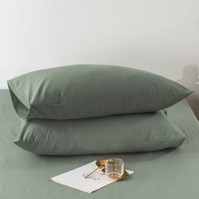 2 PACK SAGE GREEN PILLOWCASES WASHED COTTON GREEN PILLOW CASE SOFT PLAIN PILLOW COVER STANDARD SIZE WITH ENVELOPE CLOSURE50X75CM