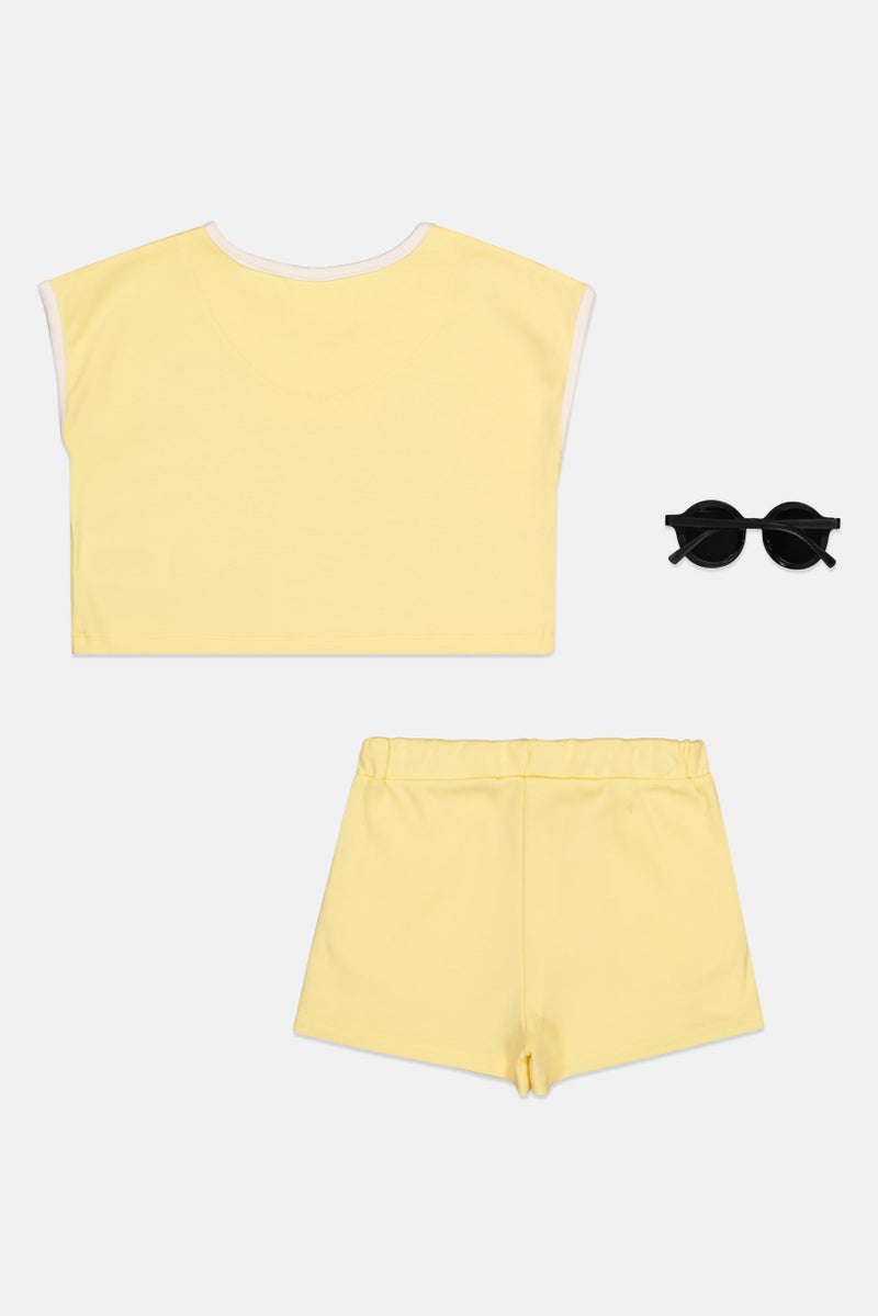 Fudo Toddlers Girl 3 Pcs Embroidered Top And Shorts With Sunglasses Set, Yellow - Image 3