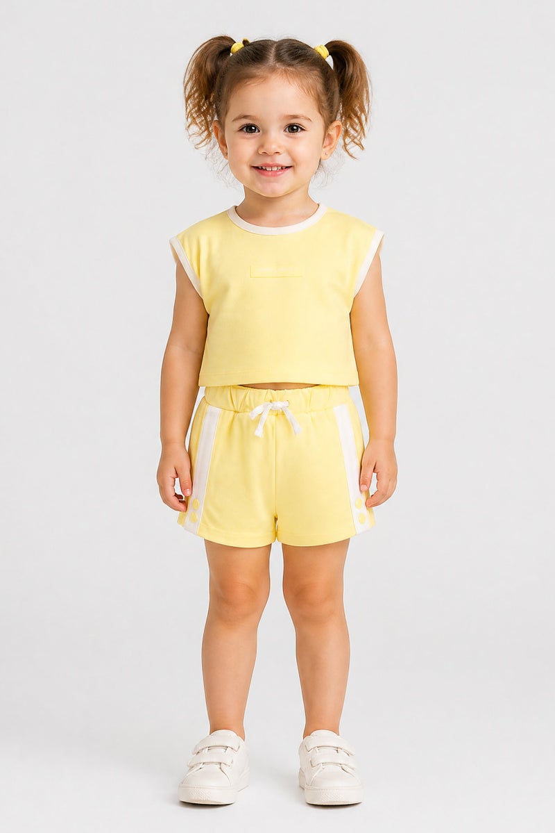 Fudo Toddlers Girl 3 Pcs Embroidered Top And Shorts With Sunglasses Set, Yellow - Image 1