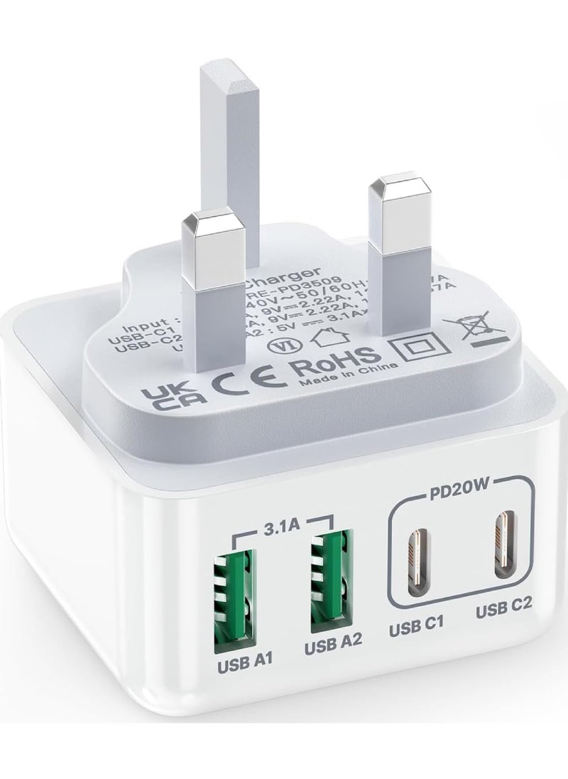 روك بو - شاحن USB C بقوة 40 وات، 4 منافذ، شاحن حائط USB C مع منفذ USB C مزدوج + USB A، محول شاحن سريع PD 3.0، قابس شاحن متعدد قابس USB C لهاتف iPhone 15 14 13 Pro Max، iPad، Samsung، Tablet، Pixel - Image 1