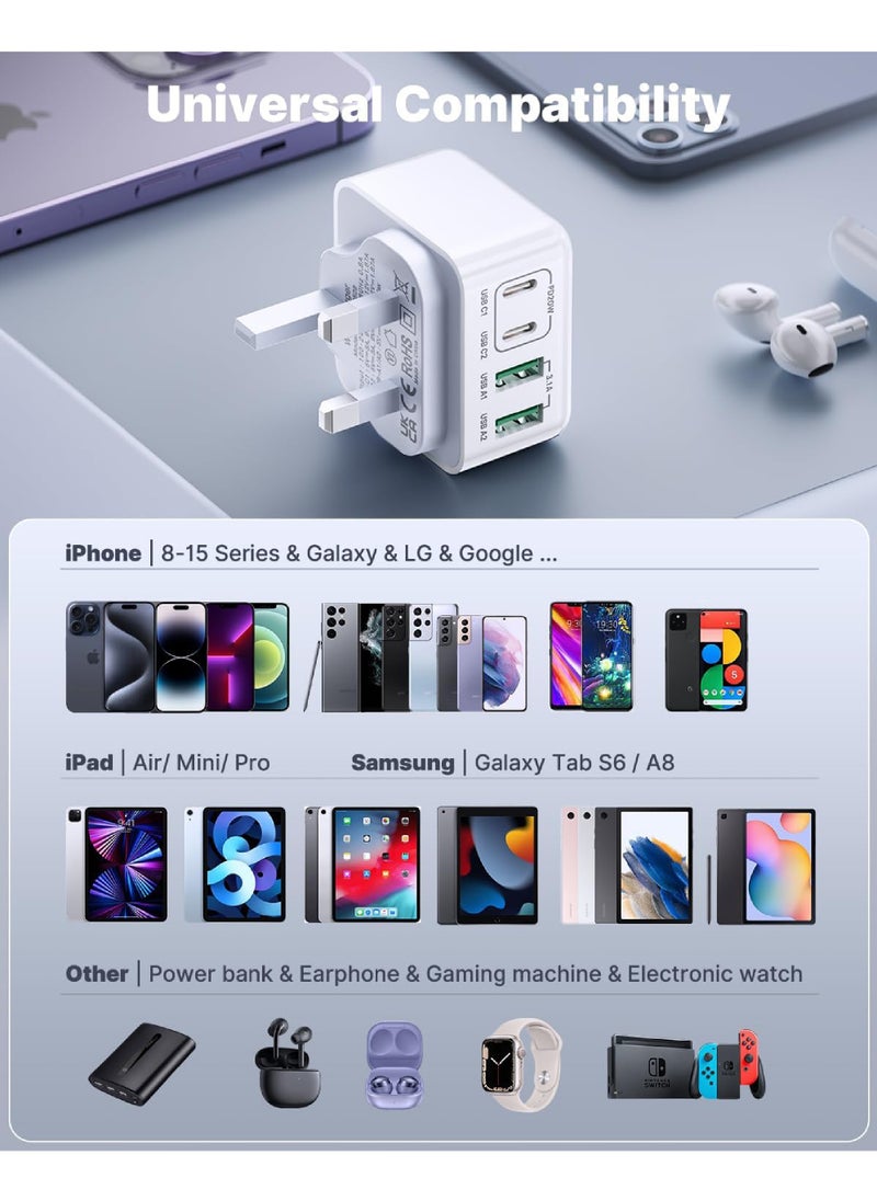 روك بو - شاحن USB C بقوة 40 وات، 4 منافذ، شاحن حائط USB C مع منفذ USB C مزدوج + USB A، محول شاحن سريع PD 3.0، قابس شاحن متعدد قابس USB C لهاتف iPhone 15 14 13 Pro Max، iPad، Samsung، Tablet، Pixel - Image 1