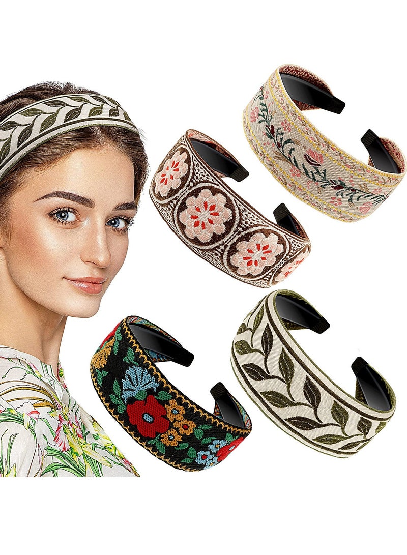 Loquat 4 Pieces Boho Headband Handmade Embroidery Bohemia Floral Wide Headbands Vintage Ethnic Style Hair Band for Women Girls Hair Accessories (Classic Pattern) - Image 1