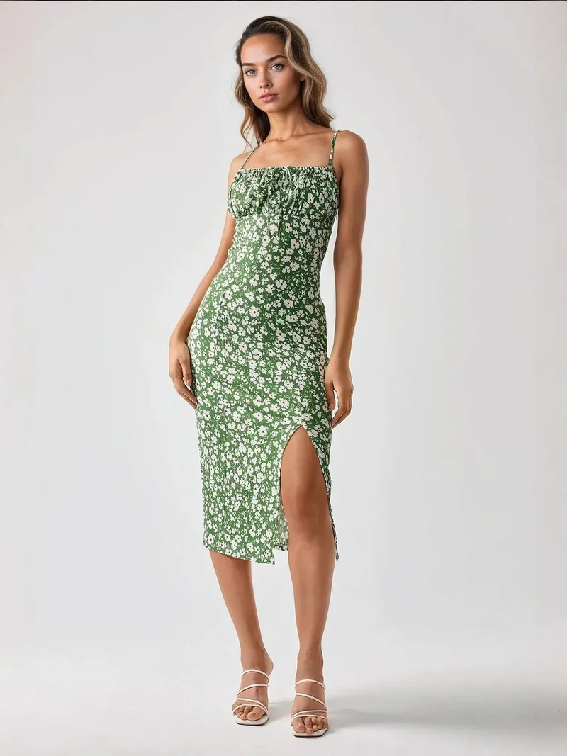 HICCUP Allover Flower Print Bodycon Midi Dress with Slit