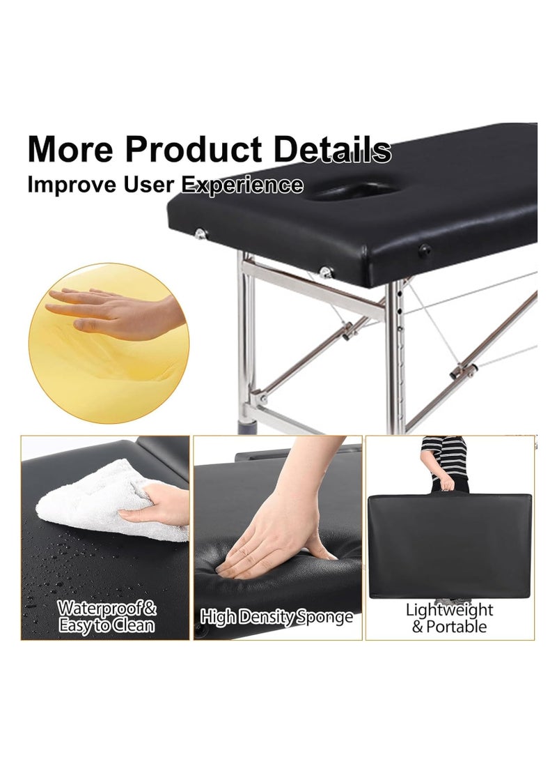 brunson Portable Bed Foldable Massage Tables with Pillow SPA Bed with Stainless Steel Frame 2 Fold Black for SPA Salon Tattoo Massage Therapeutic Treatment Massage Table Adjustable Table 180cm Long 70cm Wide 2 Fold PU Portable Salon Massage Bed  - Image 3